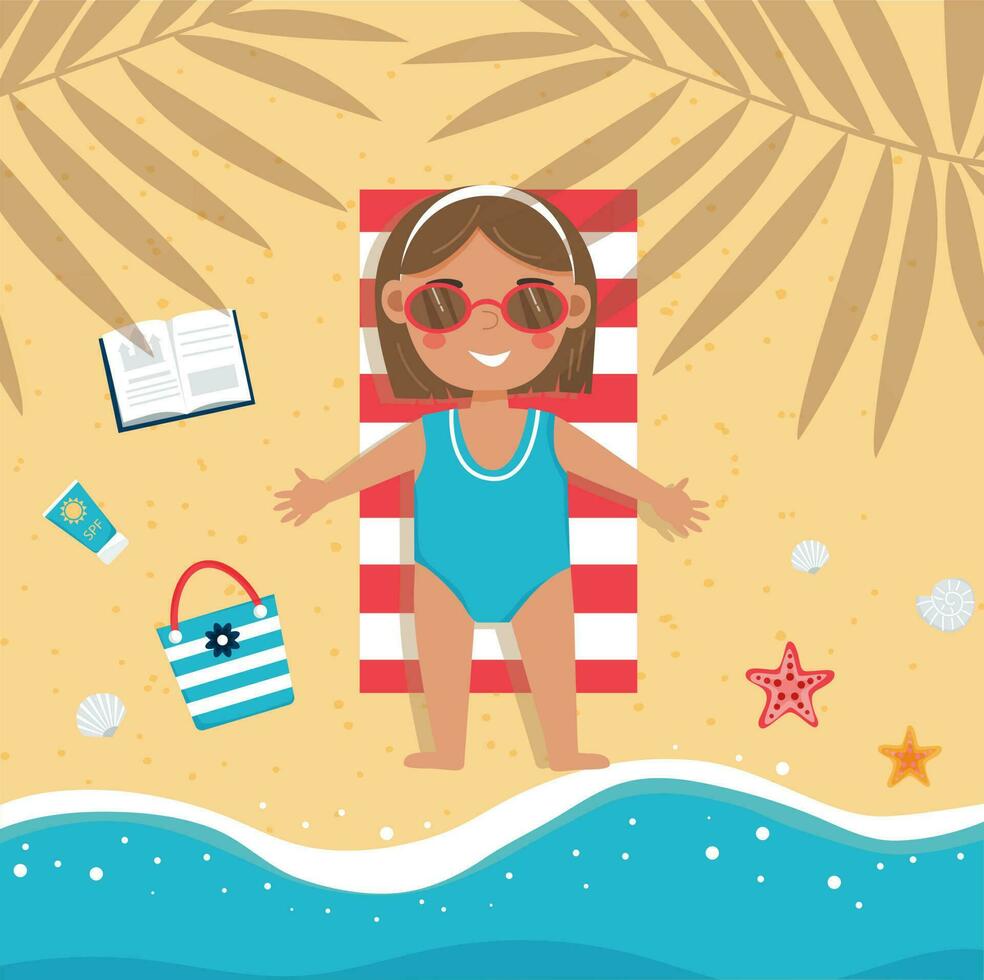 pequeño niña es acostado en el playa y broncearse en toalla en el sombra de palma arboles en el playa. linda pequeño niña en vacaciones. verano tiempo, día festivo. vector ilustración.