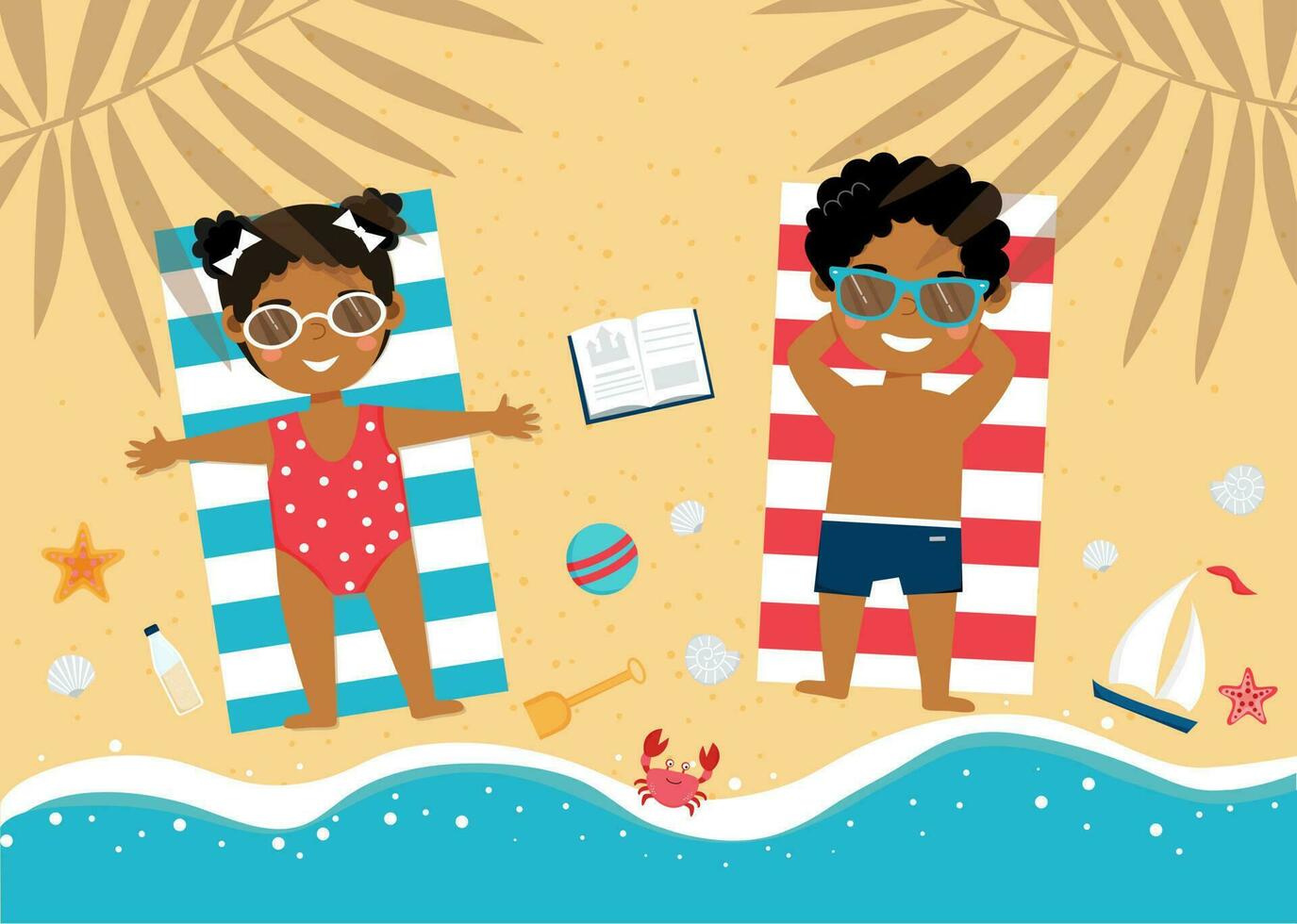 African american children are lying on the beach. Boy and girl are sunbuthing. Cute little children on vacation. Kids are sunbathing on towels on the beach. Summer time, holiday. Vector illustration.