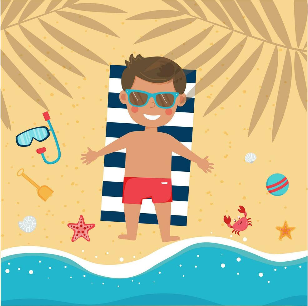 pequeño chico es acostado en el playa y broncearse en toalla en el sombra de palma arboles en el playa. linda pequeño chico en vacaciones. verano tiempo, día festivo. vector ilustración.