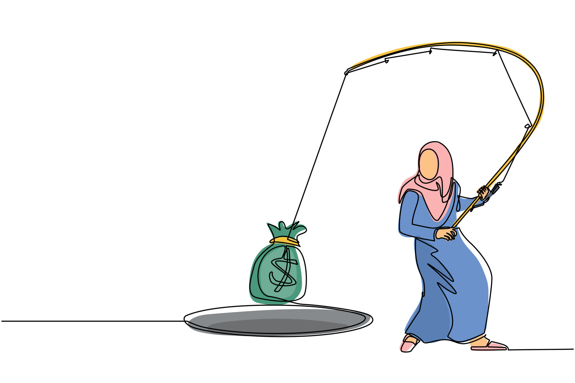 Single continuous line drawing Arabian businesswoman holding fishing rod  got big money bag from hole. Woman catching money bag with fishing rod.  Business concept. One line draw graphic design vector 23706221 Vector