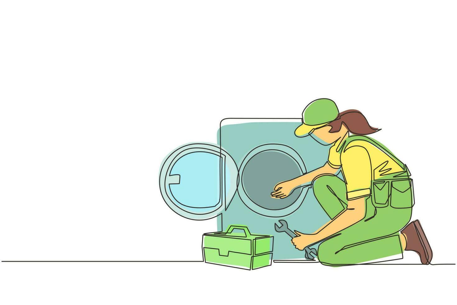 Single continuous line drawing professional repairwoman fixing washing machine at home. Plumbing specialist with toolbox fixing, repairing washer, washing machine. One line draw graphic design vector