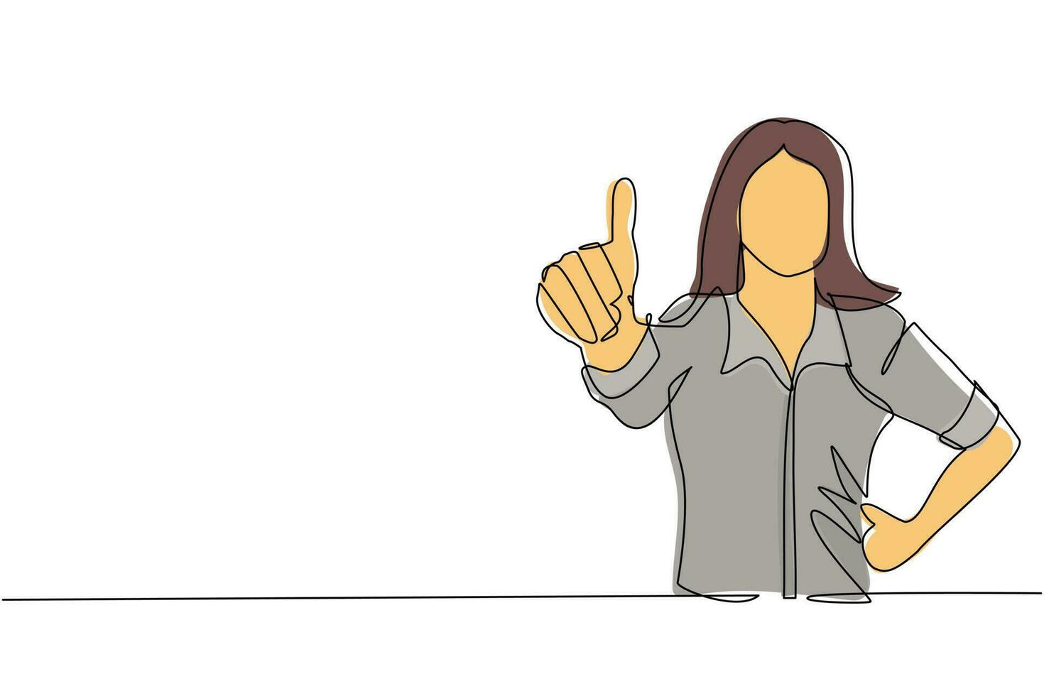 Single continuous line drawing confident businesswoman thumbs up. Excited female dressed in casual wear showing thumbs up sign. Deal, like, agree, approve, accept. One line draw graphic design vector