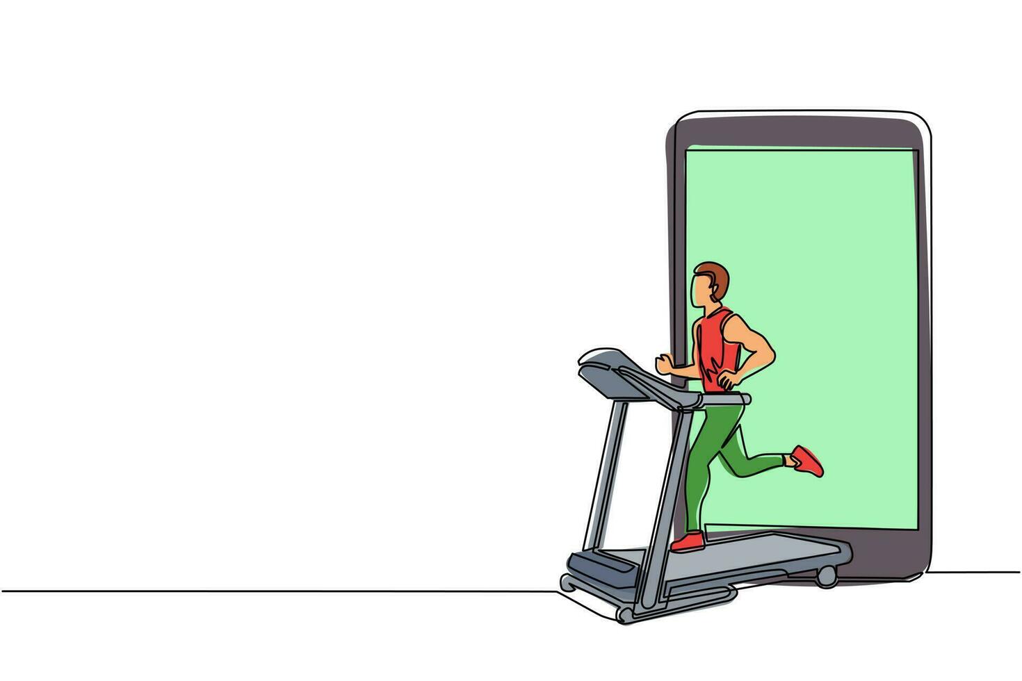 Single one line drawing smartphone and man running on motorized treadmill. Sportive man on electric training machine. Fitness club, gym tool. Continuous line draw design graphic vector illustration