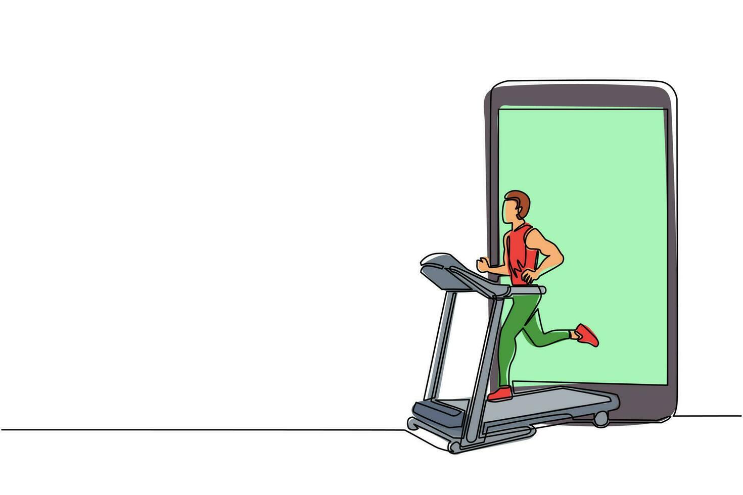 teléfono inteligente de dibujo de una sola línea y hombre corriendo en una cinta rodante motorizada. hombre deportivo en máquina de entrenamiento eléctrica. gimnasio, herramienta de gimnasio. ilustración de vector gráfico de diseño de dibujo de línea continua