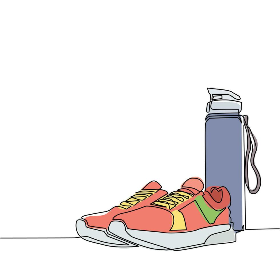 zapatillas deportivas de dibujo de una sola línea y botella deportiva. concepto de fitness para correr o trotar. idea de un estilo de vida saludable y activo. concepto de estilo de vida saludable. vector de diseño de dibujo de línea continua moderna