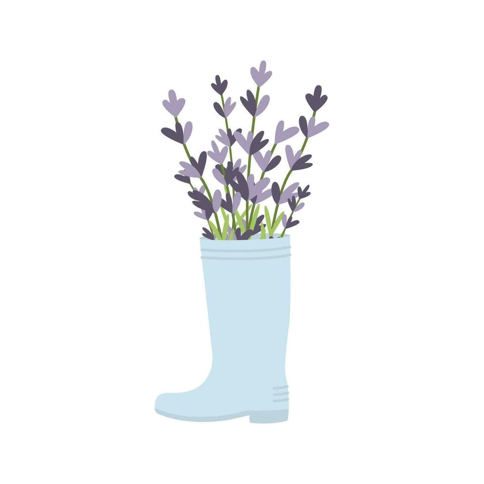 caucho bota con mano dibujado lavanda flores vector ilustración. sencillo plano estilo.