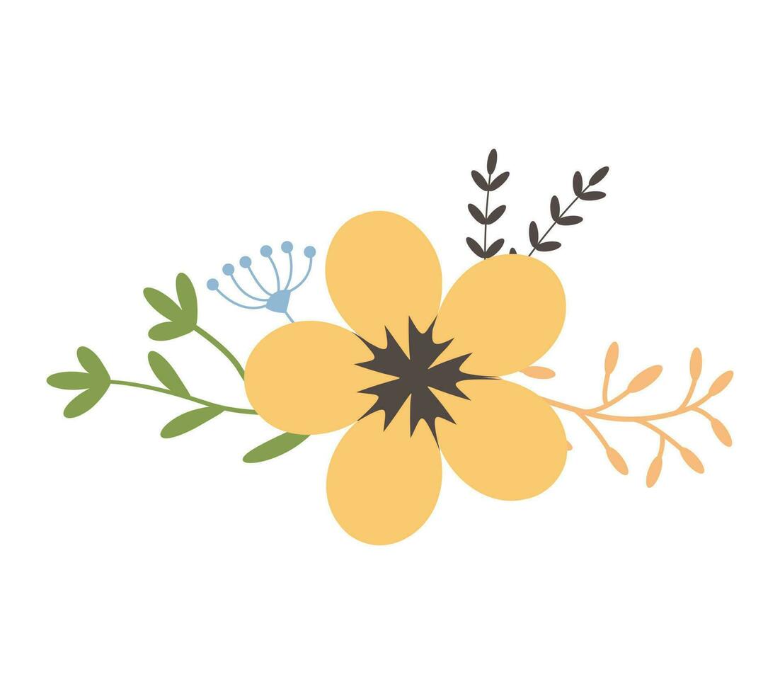 Flower with leaves, floral bouquet. Vector flowers. Spring art. Happy Easter, Woman Day element. Folk style. Posters for the spring holidays isolated on white background.