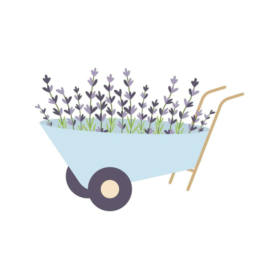 jardín carretilla con lavanda flores aislado en blanco antecedentes. mano dibujado boceto.vector ilustración. sencillo plano estilo. vector