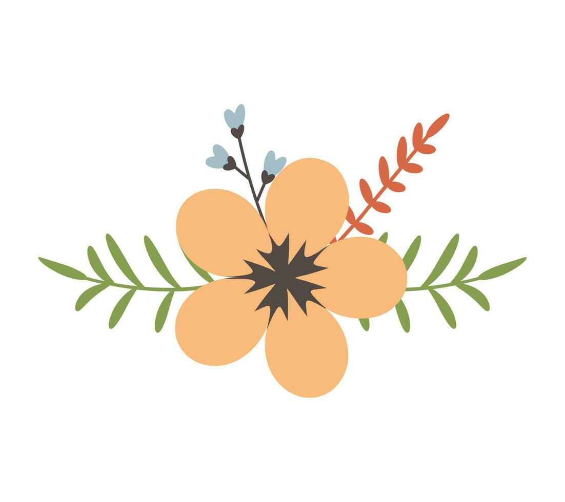 Flower with leaves, floral bouquet. Vector flowers. Spring art. Happy Easter, Woman Day element. Folk style. Posters for the spring holidays isolated on white background.