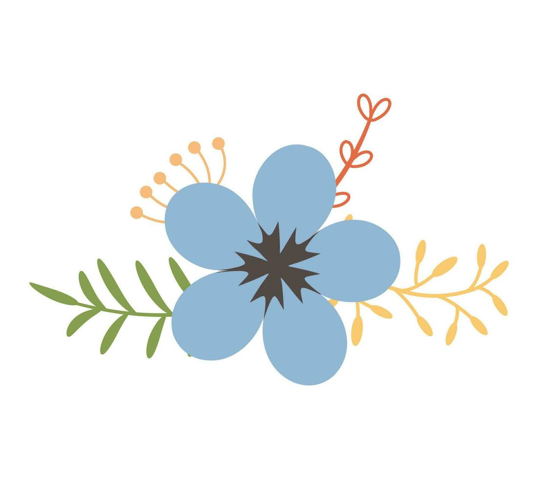 Flower with leaves, floral bouquet. Vector flowers. Spring art. Happy Easter, Woman Day element. Folk style. Posters for the spring holidays isolated on white background.