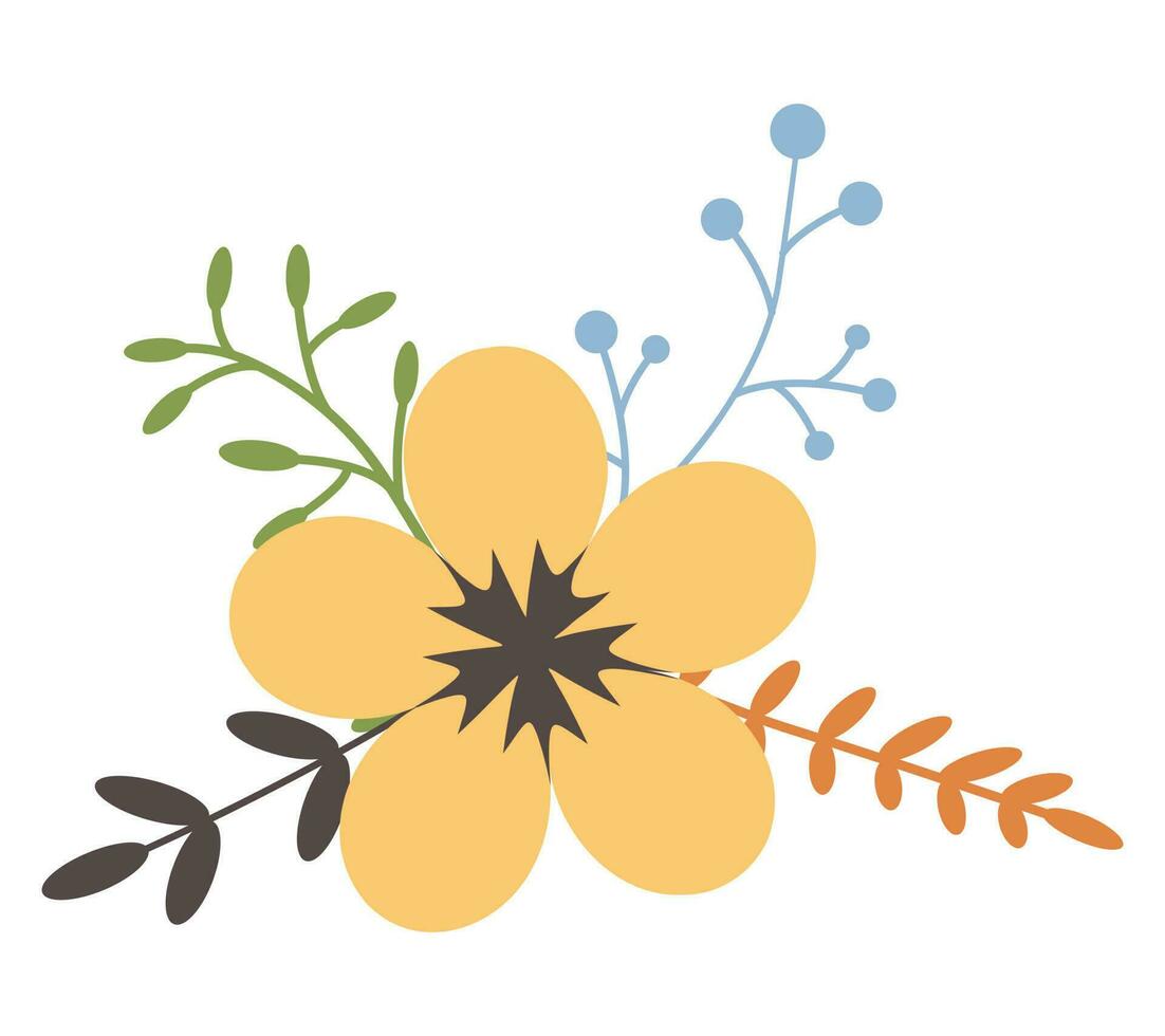 Flower with leaves, floral bouquet. Vector flowers. Spring art. Happy Easter, Woman Day element. Folk style. Posters for the spring holidays isolated on white background.