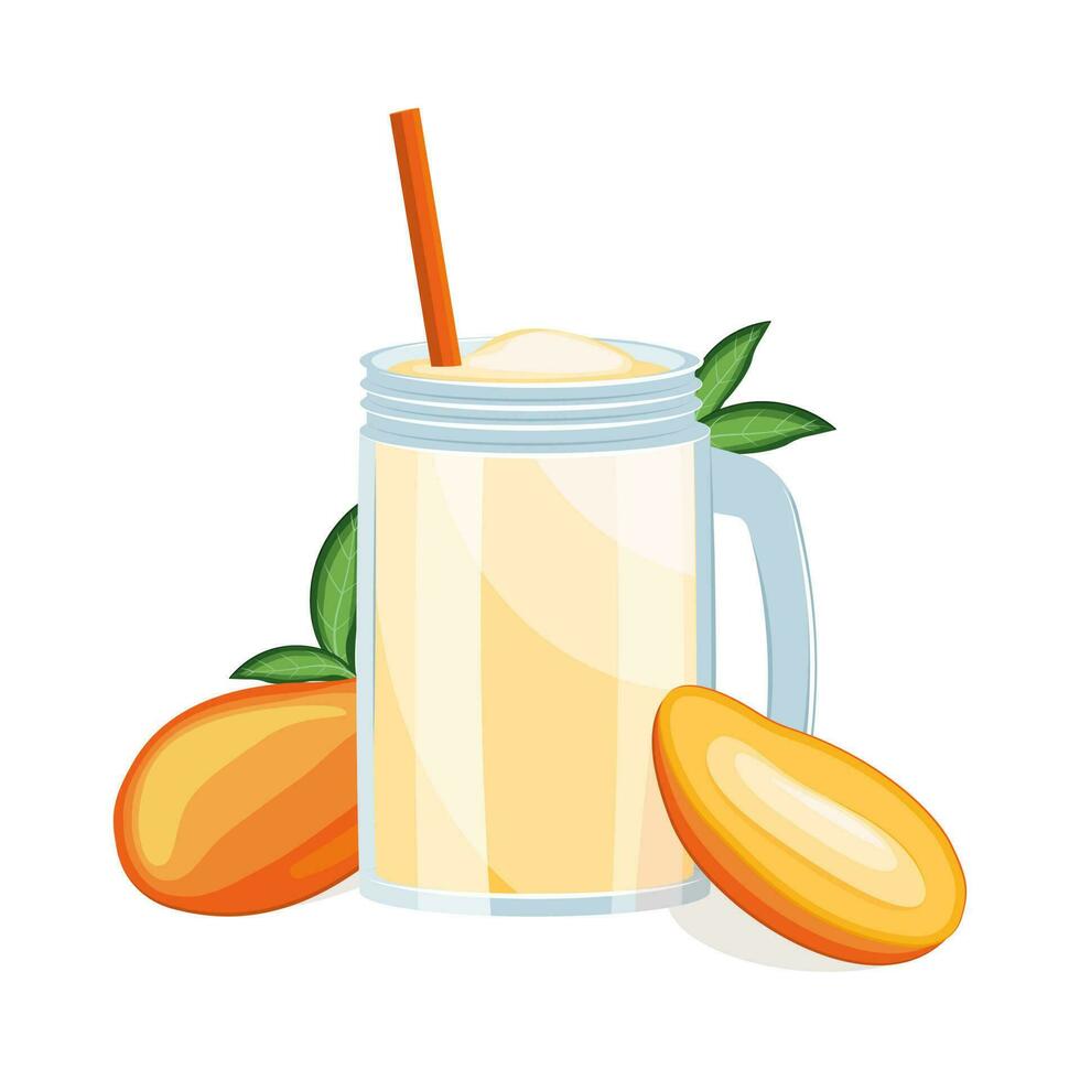 Glass of mango fruit juice isolated on white background. Vector illustration