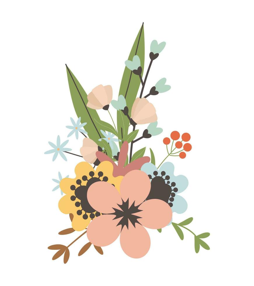 flor con hojas, floral ramo. vector flores primavera Arte. contento Pascua de Resurrección, mujer día elemento. gente estilo. carteles para el primavera Días festivos aislado en blanco antecedentes.