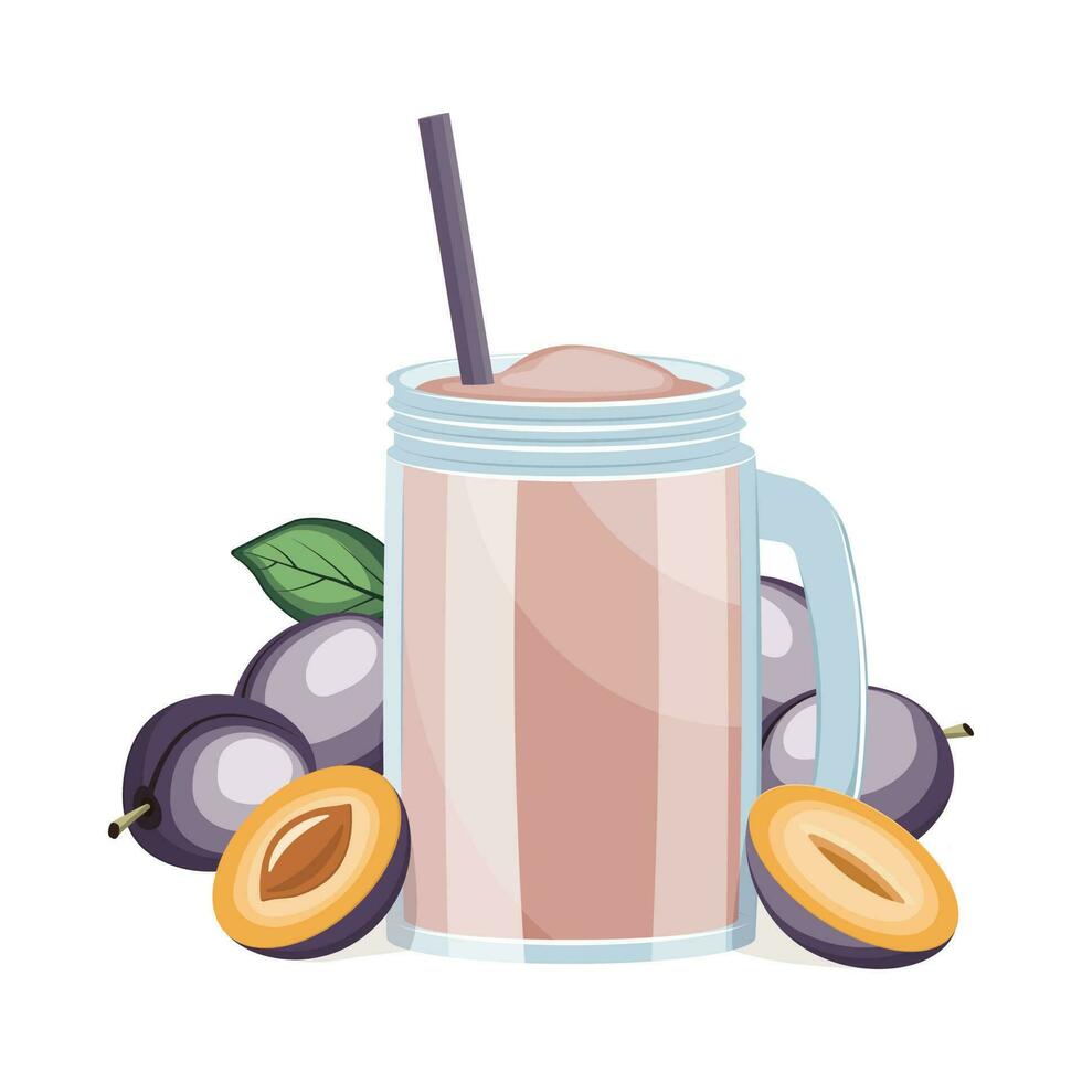 Glass of plum fruit juice isolated on white background. Vector illustration