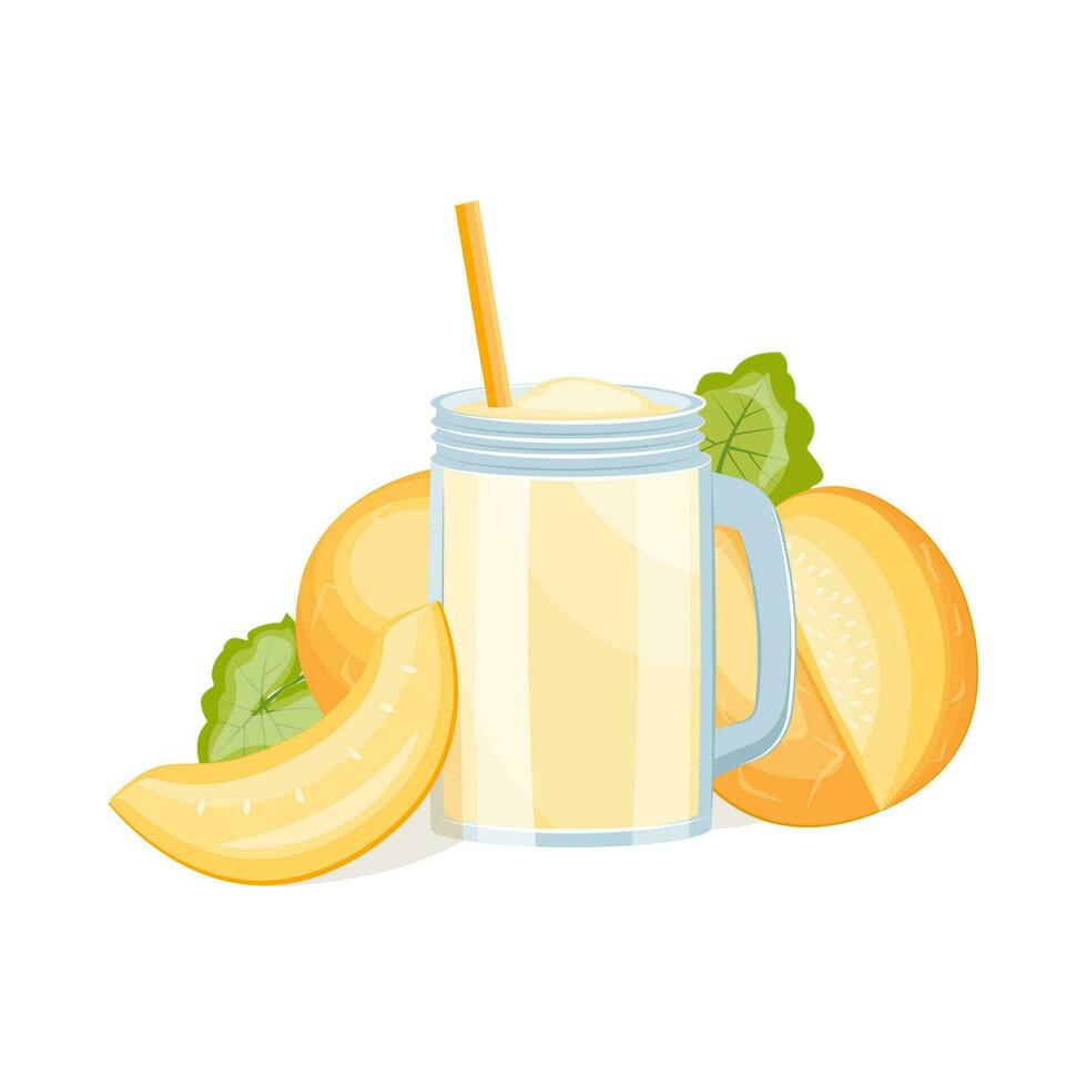 Glass of melon fruit juice isolated on white background. Vector illustration