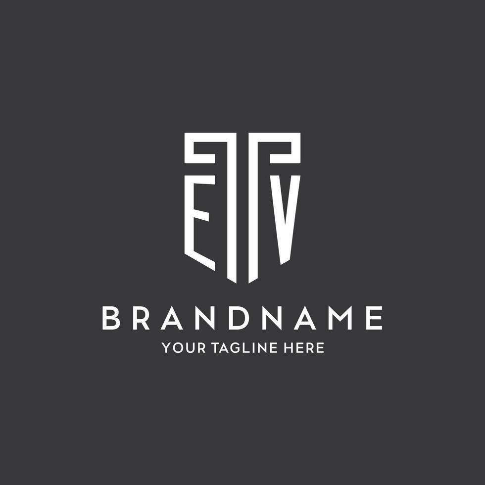 EV monogram initial name with shield shape icon design vector