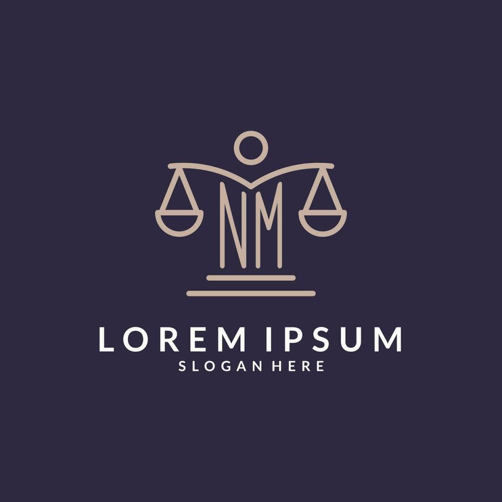 NM initials combined with the scales of justice icon, design inspiration for law firms in a modern and luxurious style vector