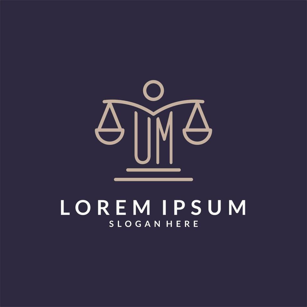 UM initials combined with the scales of justice icon, design inspiration for law firms in a modern and luxurious style vector
