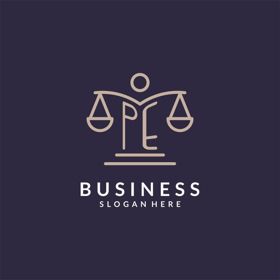 PE initials combined with the scales of justice icon, design inspiration for law firms in a modern and luxurious style vector
