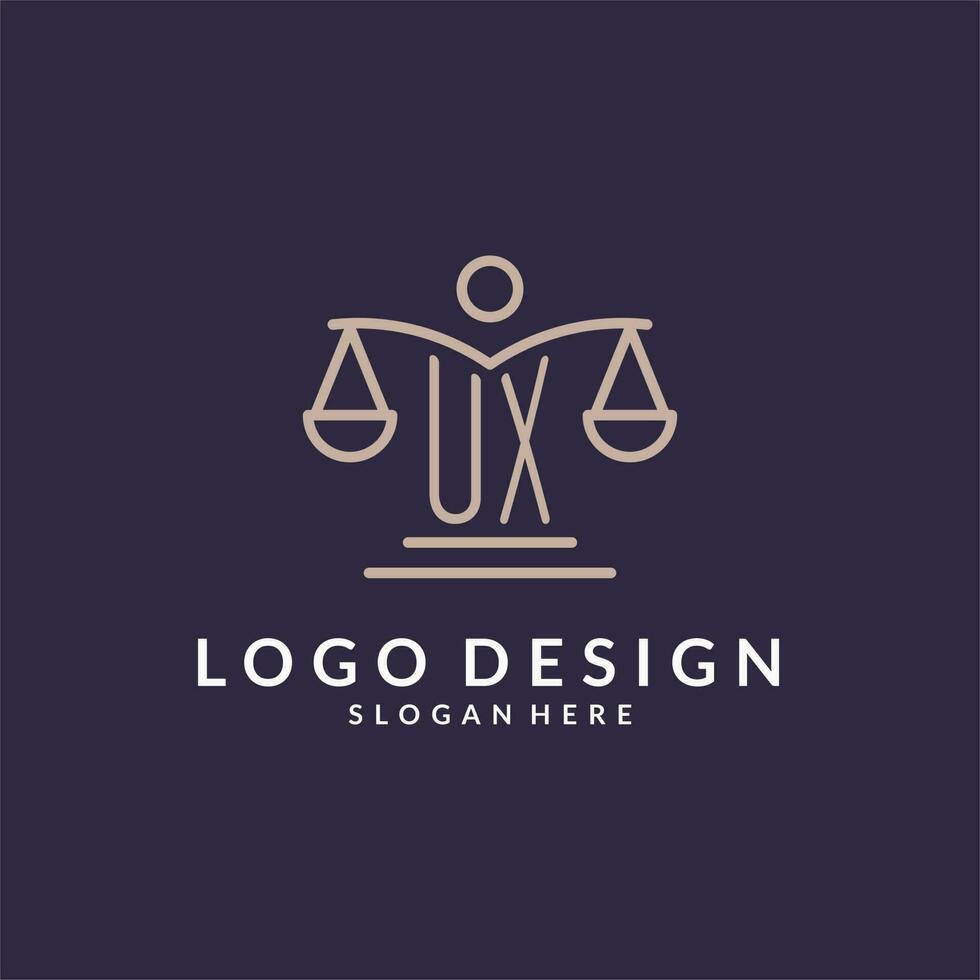 ux iniciales conjunto con el escamas de justicia icono, diseño inspiración para ley empresas en un moderno y lujoso estilo vector