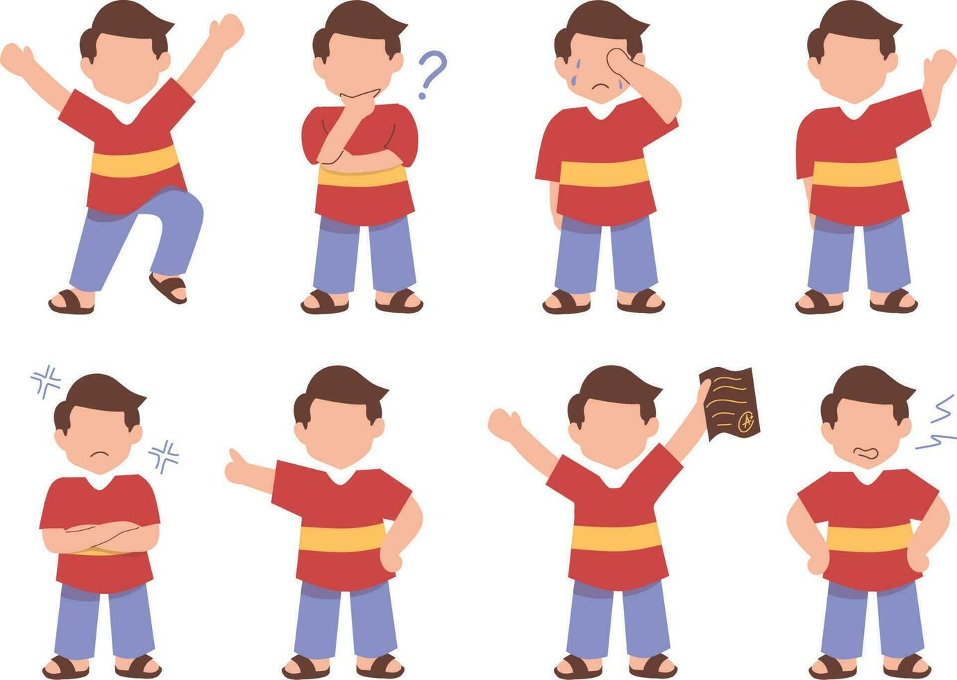 Set of little boy with different emotions and gestures. Vector illustration in cartoon style.