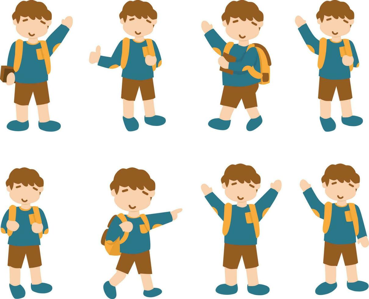 set of children. Set of school boy with backpack. Vector illustration in flat style.