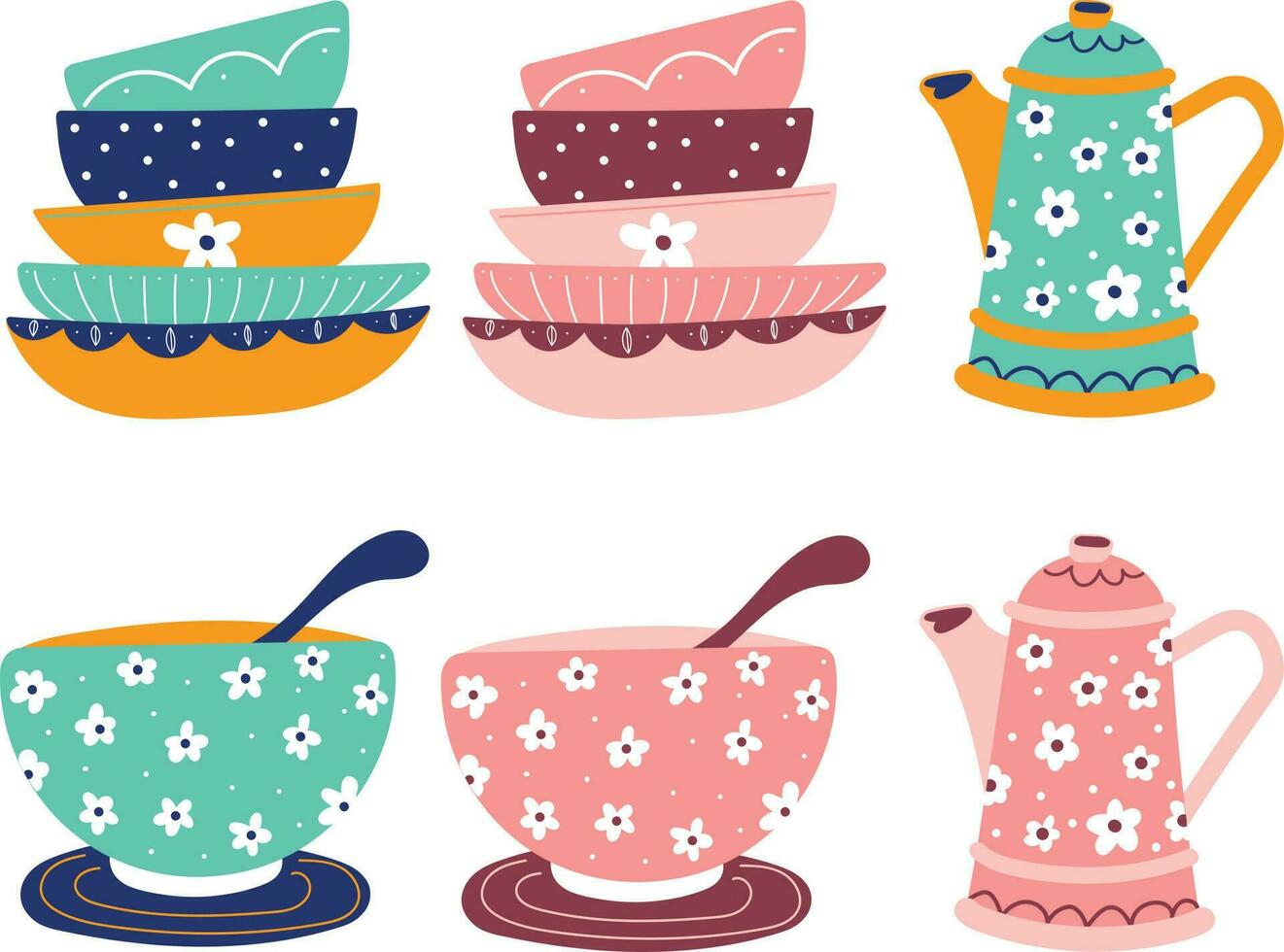 beautiful tea set with pot, cup and any element for graphic designer, vector illustration
