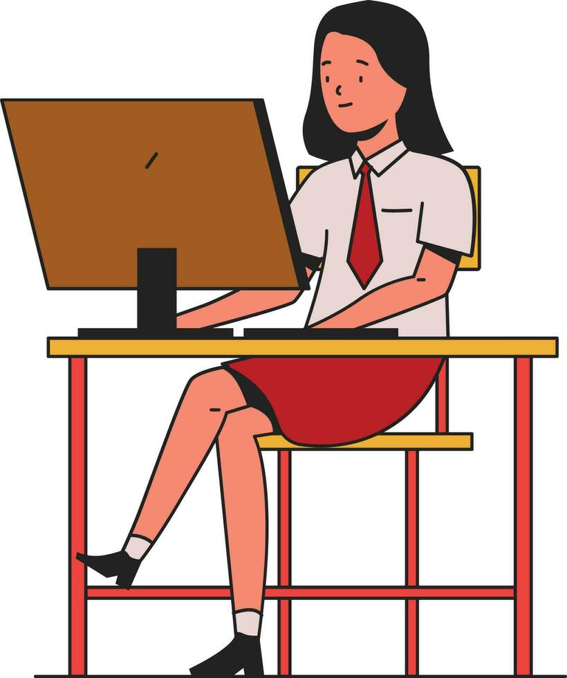 School Girl working on computer in office, flat vector illustration isolated.