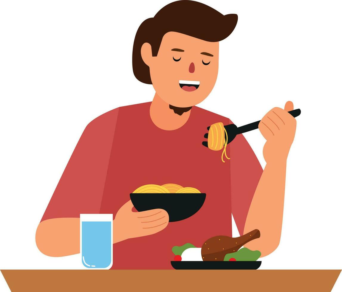 Man eating noodles with chopsticks at table. Cartoon vector illustration.