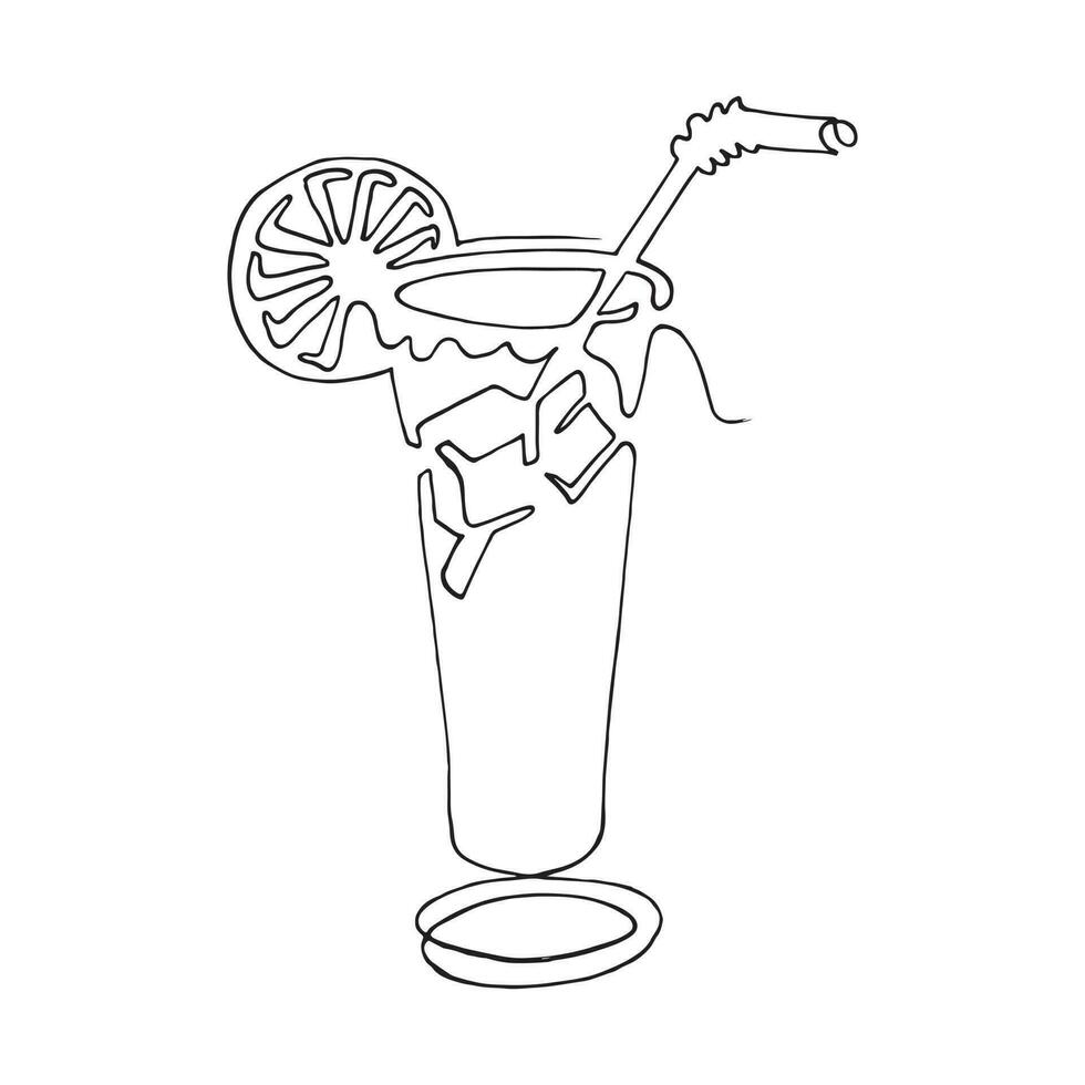 Glass of water with ice, cocktail, summer drink with a straw for drinking. Continuous one line drawing. exotic fruits. lineart vector illustration