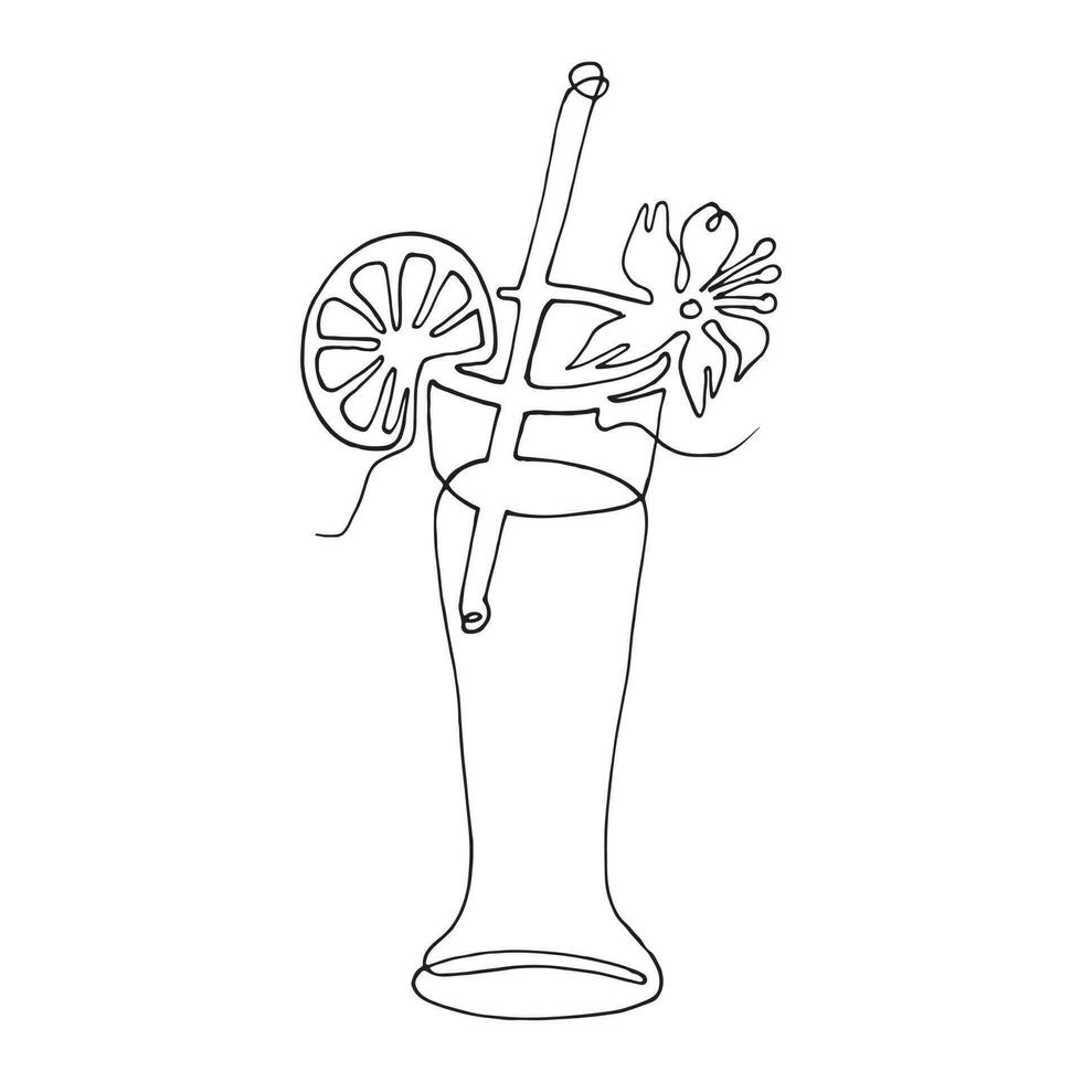 Glass of water with ice, cocktail, summer drink with a straw for drinking. Continuous one line drawing. exotic fruits. lineart vector illustration