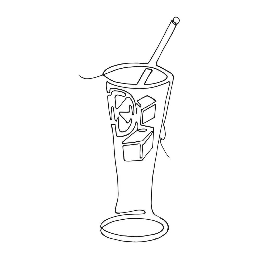 Glass of water with ice, cocktail, summer drink with a straw for drinking. Continuous one line drawing. exotic fruits. lineart vector illustration