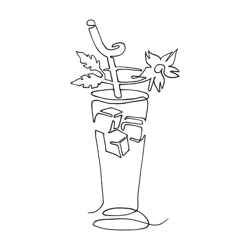 Glass of water with ice, cocktail, summer drink with a straw for drinking. Continuous one line drawing. exotic fruits. lineart vector illustration