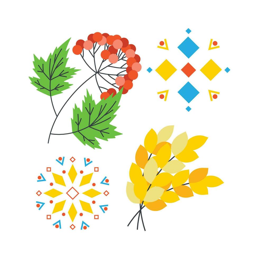 A branch with a viburnum, a sheaf of wheat, and elements of ornament. Ukrainian symbols. vector