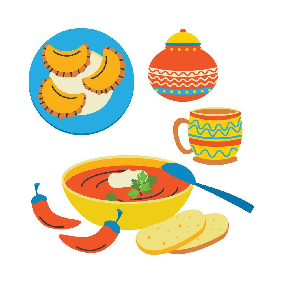 Dumplings on a plate. Borscht, jug, mug. Ukrainian symbols. vector