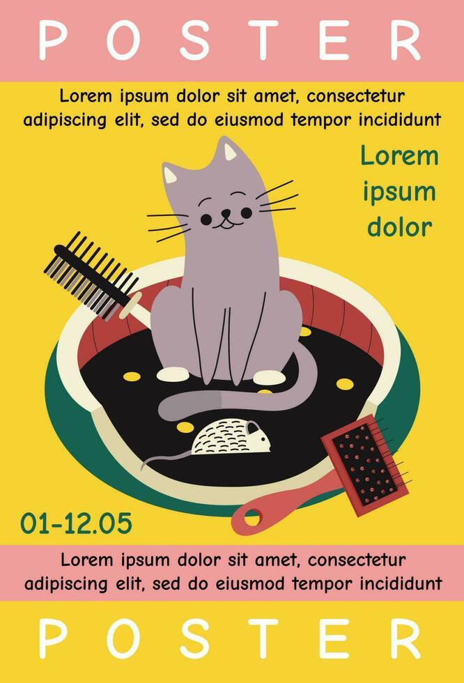 póster, bandera modelo diseño con gatos, almohada para mascotas, juguete ratón, peines y texto. tipografía. vector