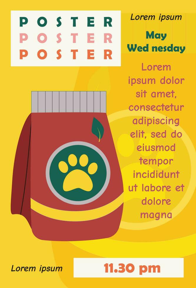 póster, bandera modelo diseño con mascota alimento, forraje y texto. tipografía. vector
