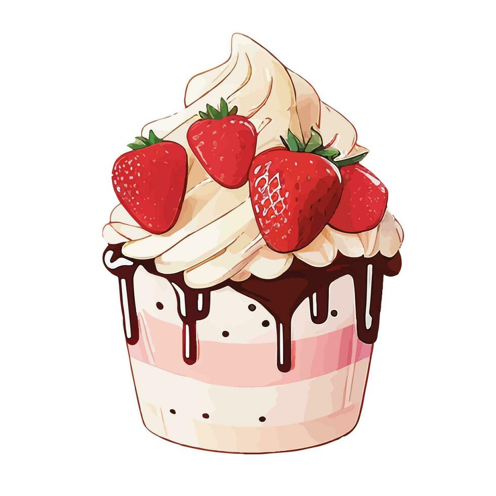 Cute bitmap detailed image of a delicious strawberry muffin. Sweet dessert in realistic style with juicy strawberries. vector