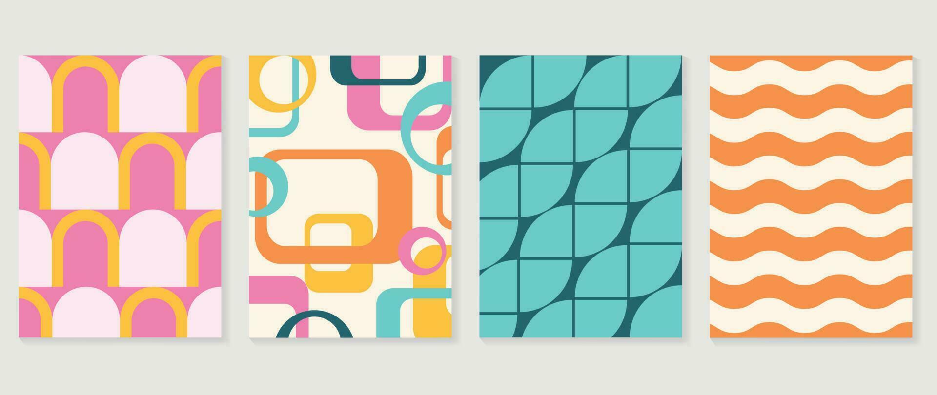 Retro geometric shapes cover background. Set of contemporary art wall decoration with square, curve, wave pattern. Geometric posters in trendy illustrated design for cover, banner, print, fabric. vector