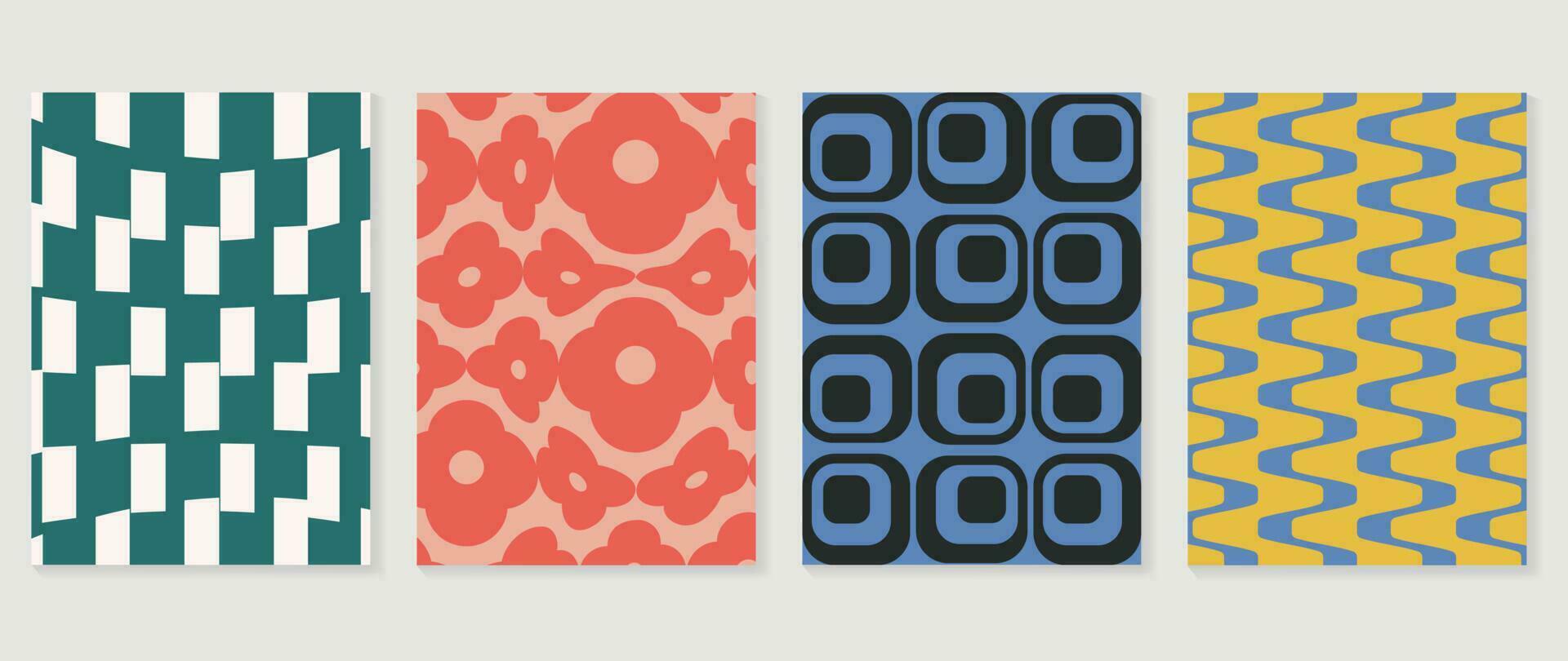 Retro geometric shapes cover background. Set of contemporary art wall decoration with square, flower, wave pattern. Geometric posters in trendy illustrated design for cover, banner, print, fabric. vector