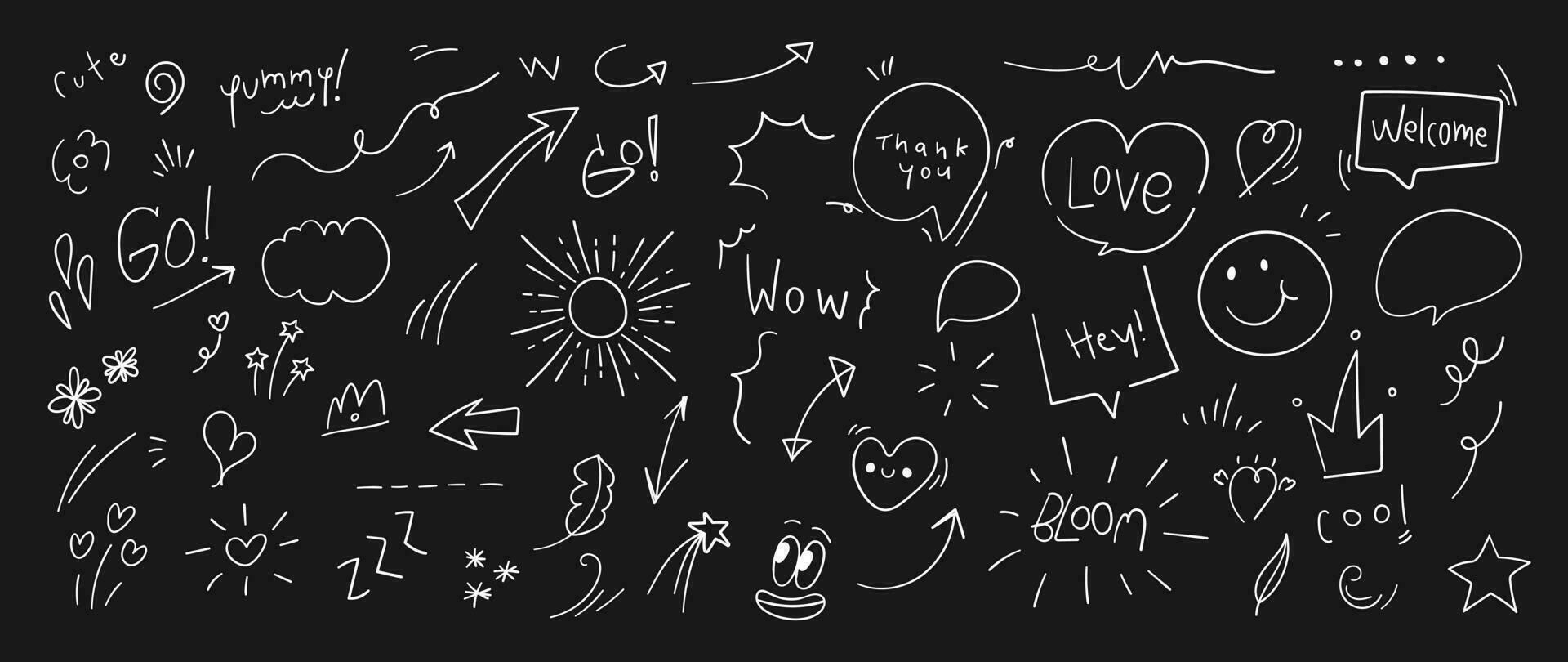 Set of cute pen line doodle element vector. Hand drawn doodle style collection of heart, arrows, scribble, speech bubble, flower, stars, words. Design for print, cartoon, card, decoration, sticker. vector