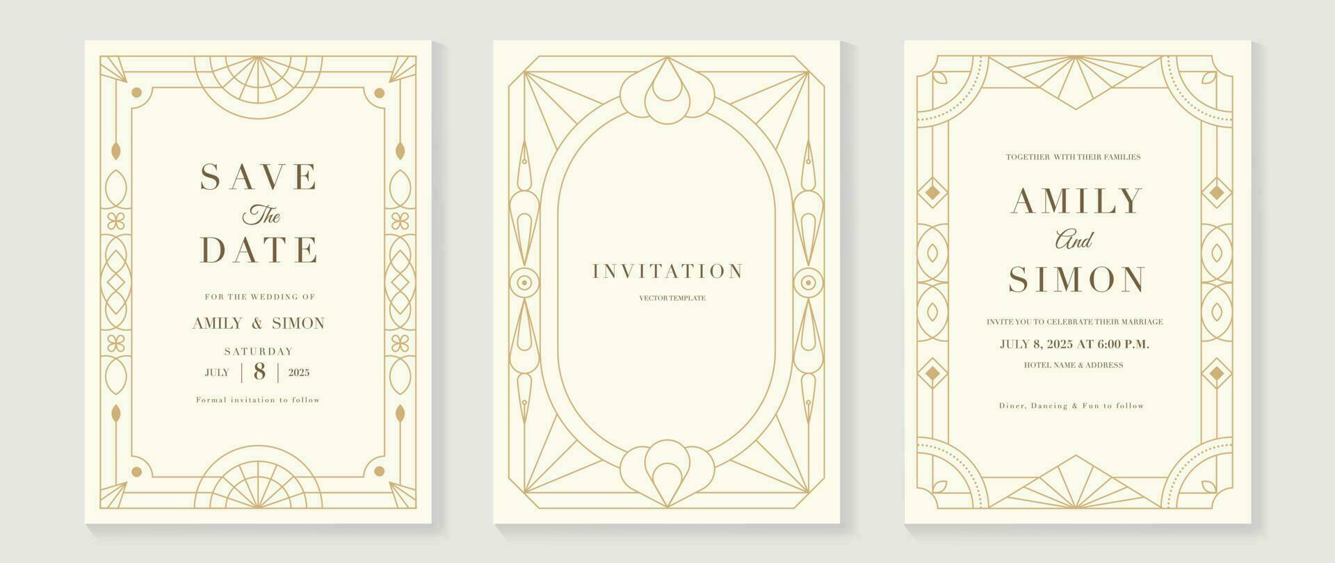 Luxury geometric pattern cover template. Set of art deco poster design with golden line, ornament, shapes, borders. Elegant graphic design perfect for banner, background, wallpaper, invitation. vector