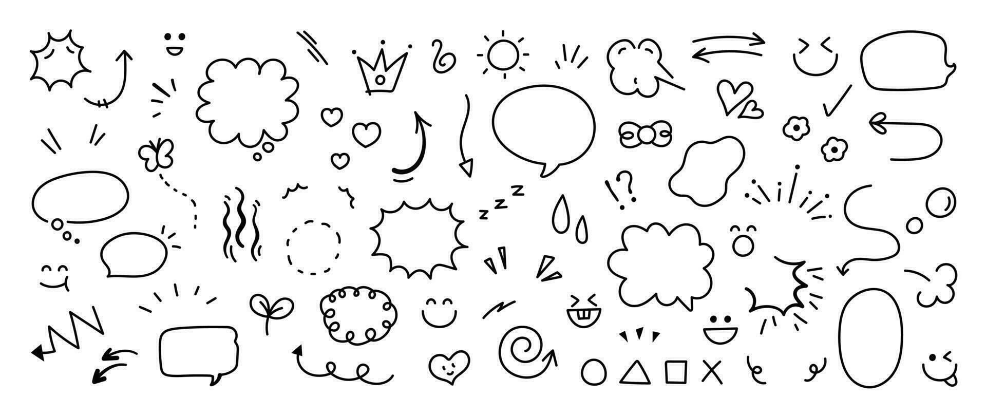 Set of cute pen line doodle element vector. Hand drawn doodle style collection of heart, arrows, scribble, speech bubble, flower, stars, words. Design for print, cartoon, card, decoration, sticker. vector
