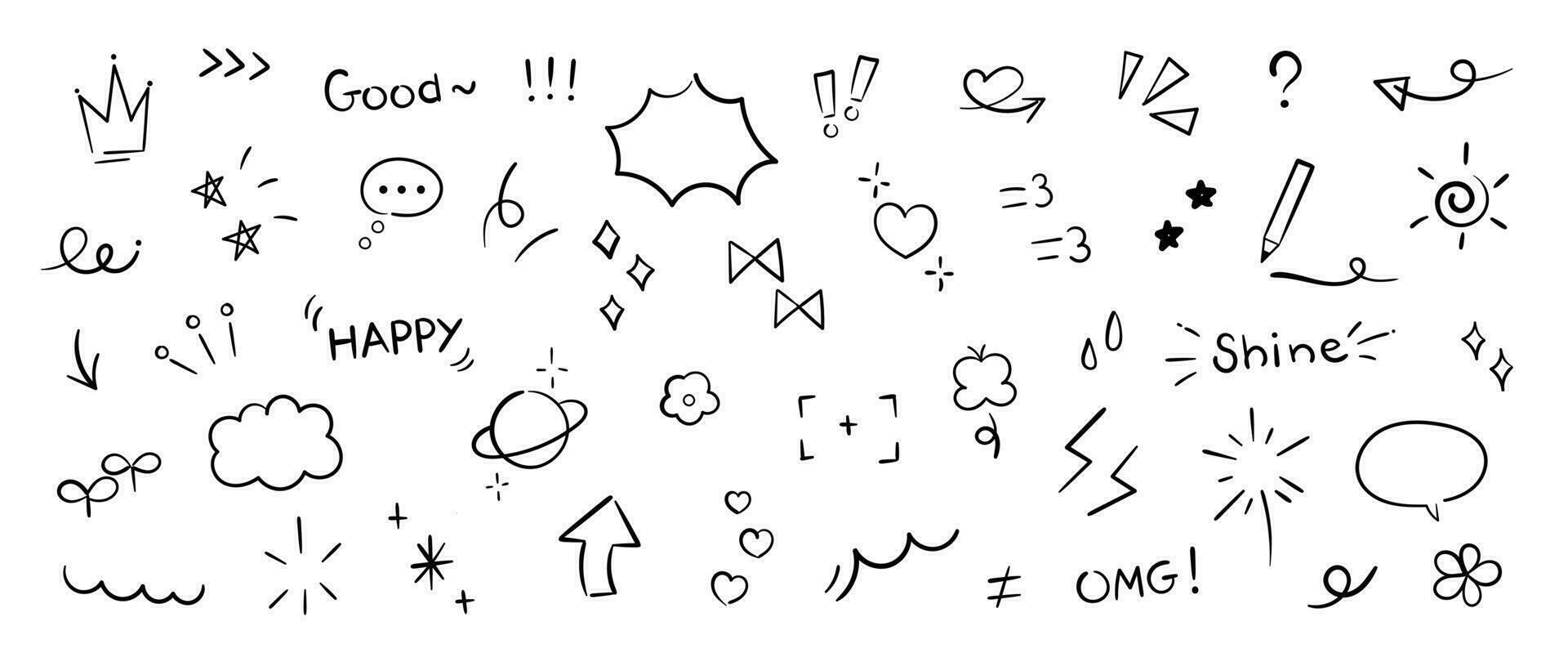 Set of cute pen line doodle element vector. Hand drawn doodle style collection of heart, arrows, scribble, speech bubble, flower, stars, words. Design for print, cartoon, card, decoration, sticker. vector