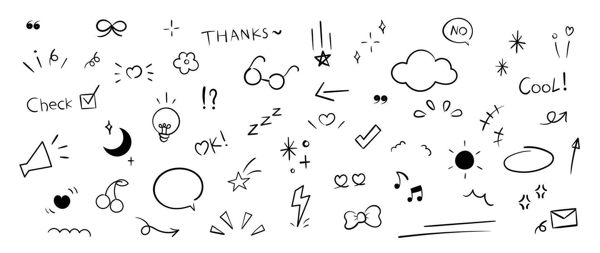 Set of cute pen line doodle element vector. Hand drawn doodle style collection of heart, arrows, scribble, speech bubble, flower, stars, words. Design for print, cartoon, card, decoration, sticker. vector