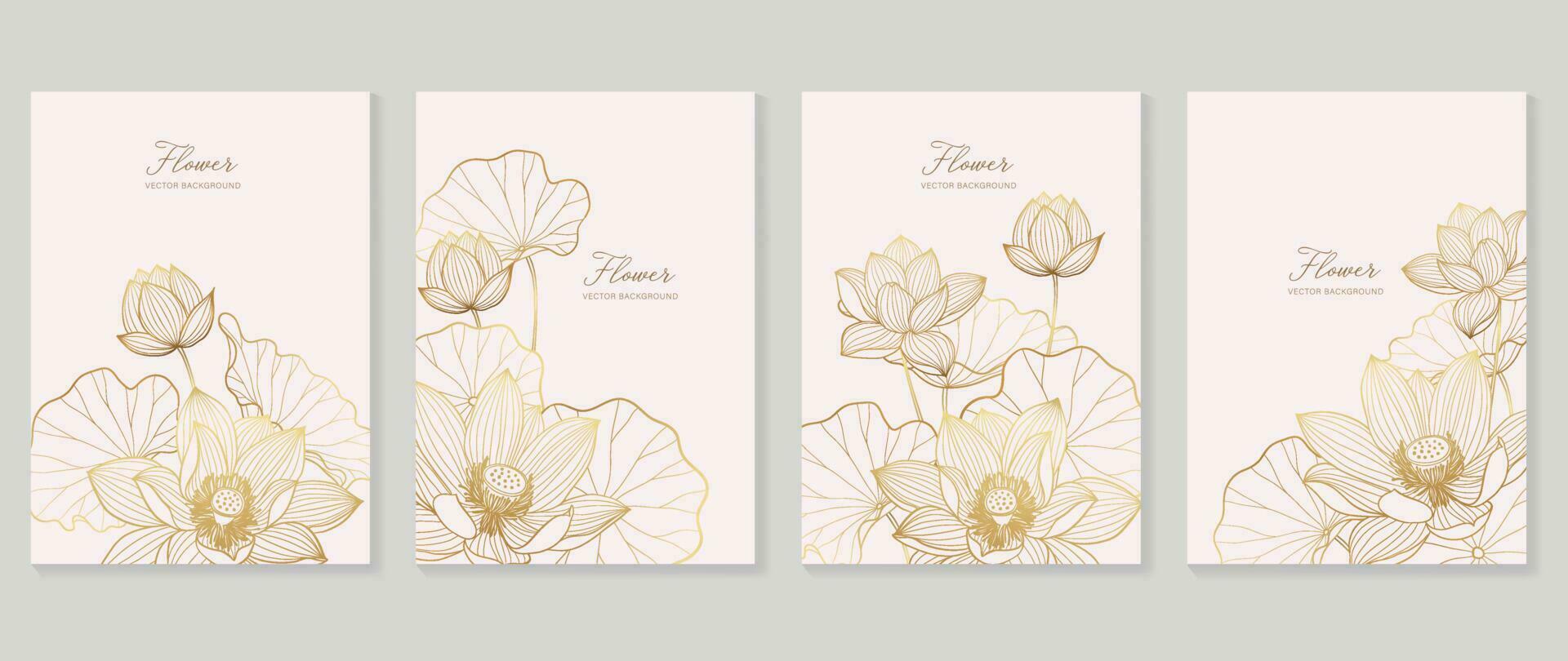 Luxury floral vector background cover. Plant hand drawn with copy space for text and gold line art lotus  flower, leaf branch in pastel colors. Botanical design suitable for banner, cover, invitation.