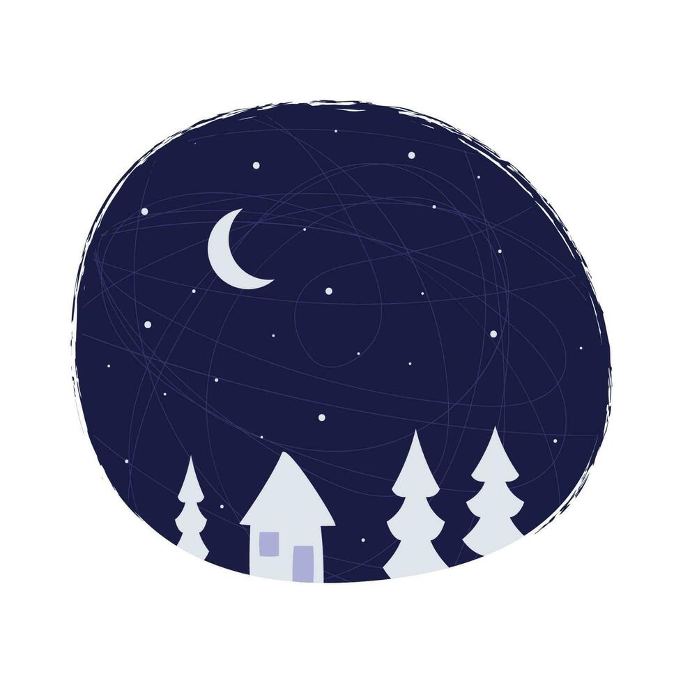 Minimalistic winter illustration. House and Christmas trees against the background of the night sky with stars and the moon. Stock vector illustration.