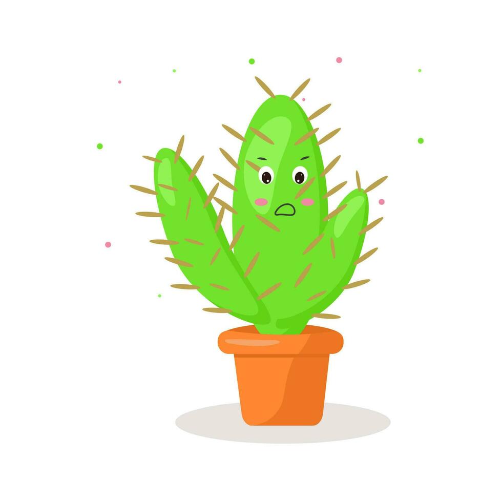 Cute cactus in a pot emotions discontent. Vector drawing. Isolated vector illustration. Floral background.