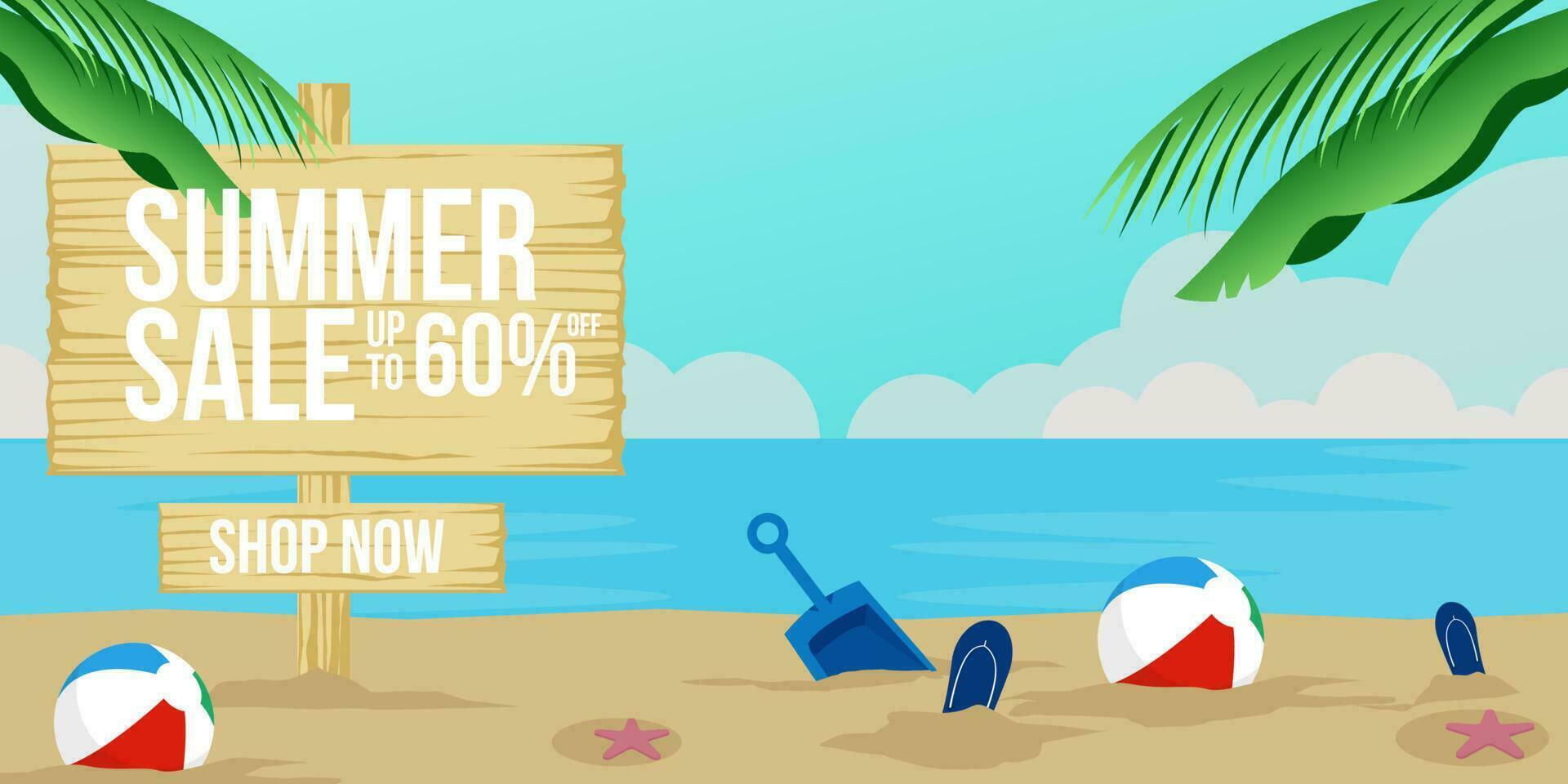 horizontal banner summer sale illustration beach background with slippers, starfish, and ball vector