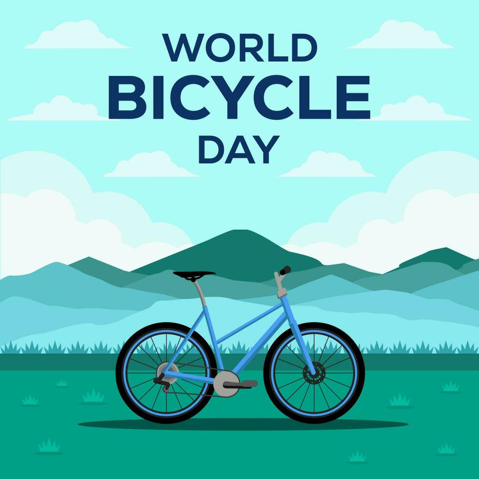world bicycle day in flat design vector with mountains and cloud
